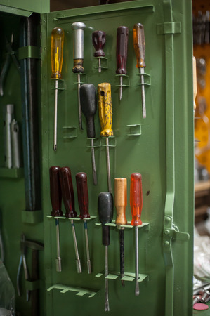 Used and old screwdrivers tool set in master workshop in a toolboxの写真素材