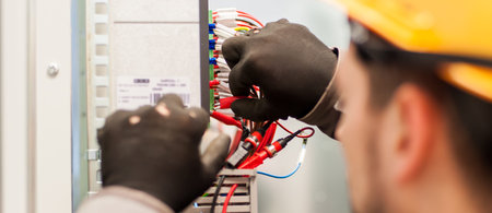 Closeup of electrician engineer works with electric cable wires of fuse switch box. Electrical equipmentの写真素材
