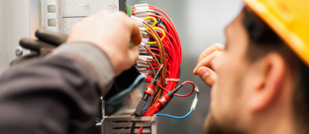 Electrician engineer tests electrical installations and wires on relay protection system. Bay...