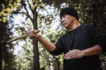 Lameco Astig Combatives instructor demonstrates single stick fighting techniques and training methods. Filipino Martial Arts. Ecrima, Kali, Arnisの写真素材