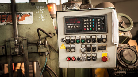 Photo of industrial machine in construction factory. Close up