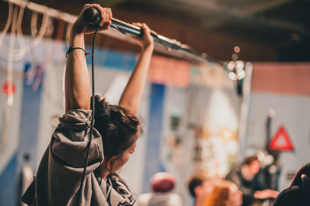 Actor behind the scene. Sound boom operator hold microphone fisher in film studio