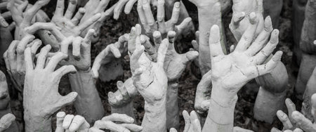 WAT RONG KHUN - WHITE TEMPLE, CHIANG RAI THAILAND - CIRCA MAY 2018. The sculpture of hundreds outreaching hands that symbolize unrestrained desire.のeditorial素材