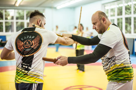 PLOVDIV, BULGARIA - 15. DECEMBER 2018. Stick and knife together fighting techniques training. Kapap...