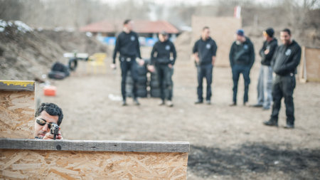 Pozarevac, Serbia - December 21-24, 2018: Large group of kapap students practice action gun shooting on target in the shooting range GROM on KAPAP BASIC FIREARMS SAFETY AND GUN USE SEMINARのeditorial素材