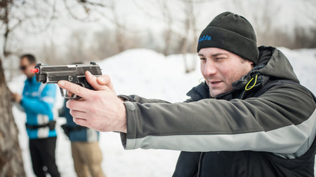 Pozarevac, Serbia - December 21-24, 2018: Kapap students practice different skills with gun in the...