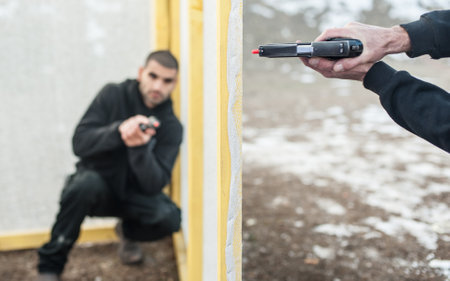 Pozarevac, Serbia - December 21-24, 2018: Kapap students practice different skills with gun in the shooting range GROM on KAPAP BASIC FIREARMS SAFETY AND GUN USE SEMINARのeditorial素材