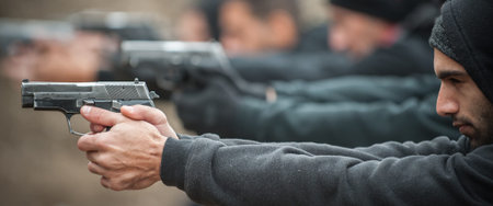 Group of civilian practice gun shoot on target on outdoor shooting range. Civilian team weapons...