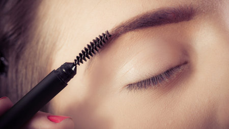 Woman face makeup. Professional makeup artist enhances the eyebrows on the female face