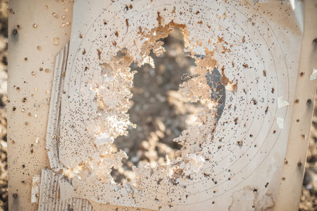 Target center after shooting with shotgun bullet gauge pellets. Outdoor shooting rangeの写真素材