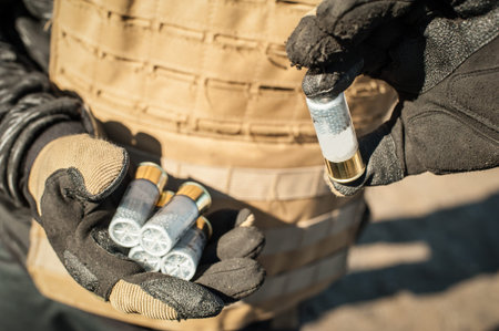 Close-up top macro detail view of army soldier hands holding shotgun bullets patrons