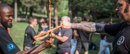 ISTANBUL, TURKEY - Maj 30 - Jun 02. 2019. Group of martial arts students practice filipino escrima stick fighting on GENERAL MEETING OF KAPAP INSTRUCTORS. Outdoor trainingのeditorial素材