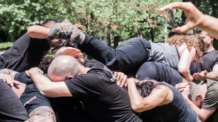 ISTANBUL, TURKEY - Maj 30 - Jun 02. 2019. Large group of international martial arts instructors and students have hard strength energy training on GENERAL MEETING OF KAPAP INSTRUCTORSのeditorial素材