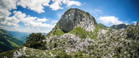 Mountain summer landscape. Meadow with huge stones among the grass on top of the hillside near the peak of mountain rangeの写真素材