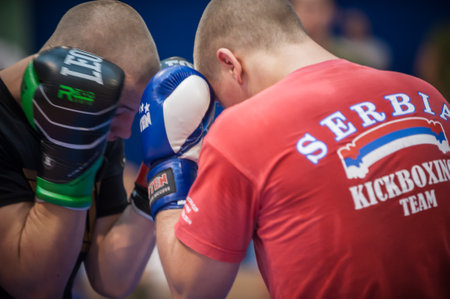 BELGRADE, SERBIA - 30. SEPTEMBER 2017. Different type of Martial Arts artist demonstrate fighting technique on Kyokushin Belgrade Trophy Tournament at Sport Center RADIVOJE KORACのeditorial素材