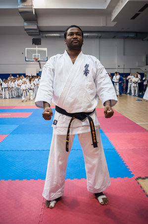 BELGRADE, SERBIA - 28. SEPTEM BER 2019. International Adult Full Contact Karate Kyokushin Competition Fight on Kyokushin Belgrade Trophy Tournament. Sport Center RADIVOJE KORACのeditorial素材