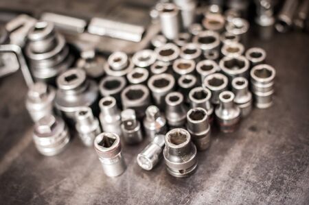 Mechanic tool set in auto vulcanizing and vehicle service workshop. Close upの写真素材
