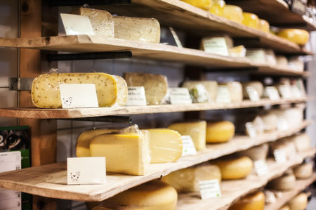 Traditional Dutch cheese displayed for sale in an Amsterdam shop in the Holland.The Netherlands...