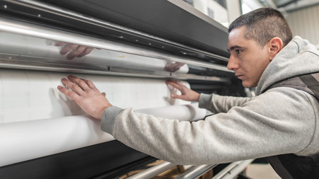 Technician worker operator changes the paper roll on large premium industrial printer and plotter...