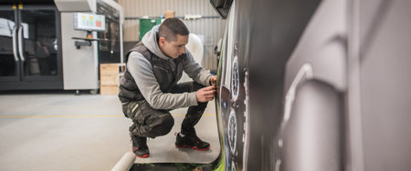 Technician worker operator works on large premium industrial printer and plotter machine in digital...