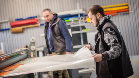 Two workers printmakers technicians glue large paper poster to foam board with semi automatic gluing...
