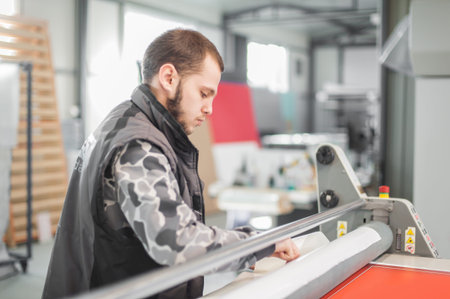Worker printmaker technician glue large paper poster to foam board with semi automatic gluing...