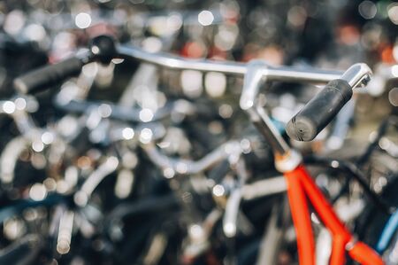 Close-up detail view of old holland vintage classic bicycles. Cityscape view. Dutch lifestyleの写真素材