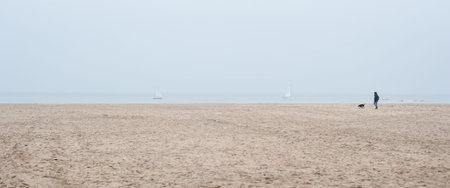 Man and dog, walking along the empty shores of the ocean or sea. Seascape panorama scenic