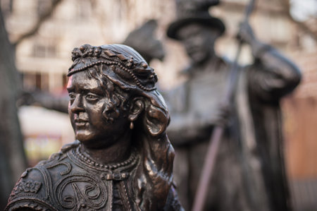 AMSTERDAM, NETHERLANDS - 27. December 2019 - Details of Night Watch, Rembrandt Square (Rembrandtplein), statue by sculptor Louis Royerのeditorial素材
