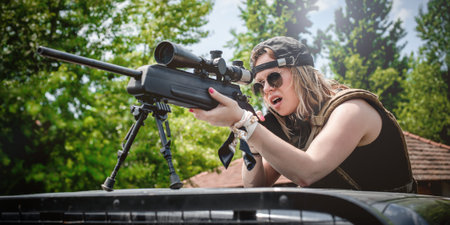 Female soldier shooting with sniper rifle. Woman with weapon. Firearm army shooting and tactical...