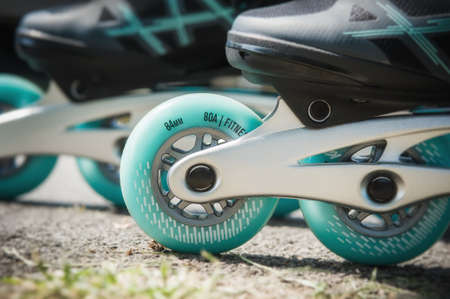 Close up of inline roller skates. Extreme sport. Lifestyle activity. Concept about sport and leisureの写真素材