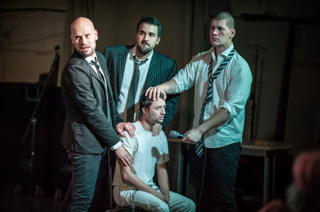 Theater actor artists on stage perform play for audience. Public performance. Theatre scene