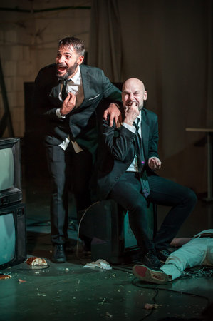 Theater actor artists on stage perform play for audience. Public performance. Theatre scene