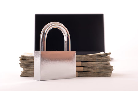 Cyber crime. Internet cyber security concept with a padlock on laptop computer. Ransomware, Malware,...