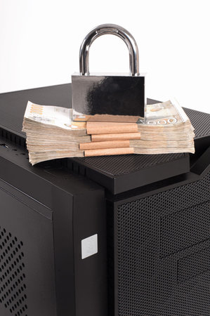 Cyber crime. Internet cyber security concept with a padlock on computer server. Ransomware, Malware,...