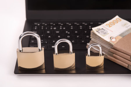 Cyber crime. Internet cyber security concept with a padlock on laptop computer. Ransomware, Malware,...