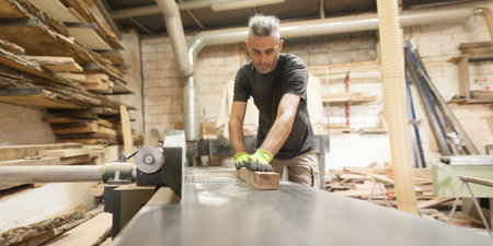 Carpenter processes wood in a furniture workshop. Woodworking and crafts tools