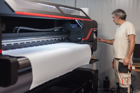 Technician worker operator works on large premium industrial printer and plotter machine in digital...