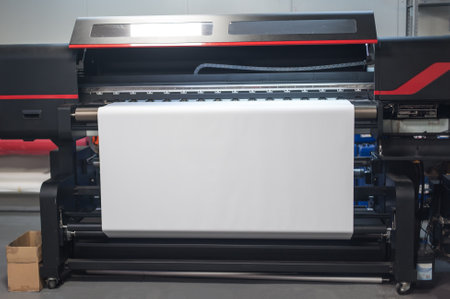 Blank empty space of white paper on large premium industrial printer and plotter machine in digital printshop officeの写真素材