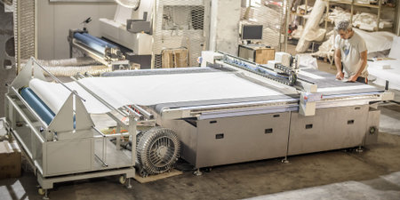 Factory worker technician works on large CNC digital cutter machine for cutting fabric textile...
