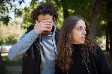 Young couple in quarrel conflict, boyfriend and girlfriend argue dissatisfied and try to solve their...