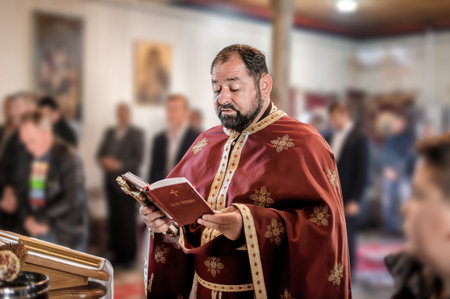 Religious priest during church service. Authentic religion spiritual ceremony. Holy bible book and...