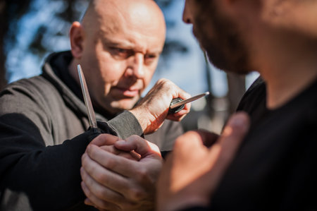 Knife vs knife fight. Kapap instructors demonstrates sombrada drill training method. Weapon disarm...