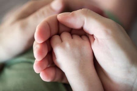 Close-up detail macro view of parent holding baby little hand in his big hand. Soft child skin. Love and family emotionの写真素材