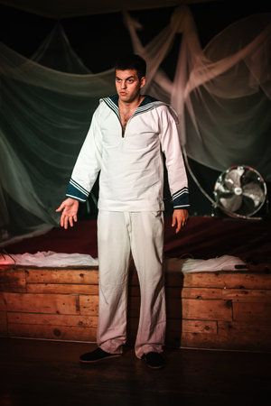 Theater actor artists player thespian perform play for audience on playhouse public stage. Theatre scene performanceの写真素材