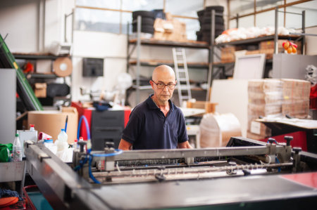 In the printing house, an experienced technician works on a screen printing machine. Production...