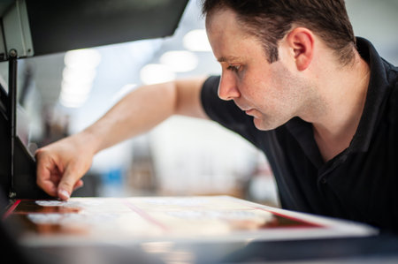 In the printing house, an experienced technician works on a UV printer. Production work. Check the...