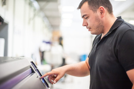 In the printing house, an experienced technician works on a UV printer. Production work. Check the...
