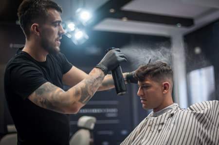 Modern urban hairdresser fixes the hairstyle with hairspray spray and drops are visible in the airの写真素材