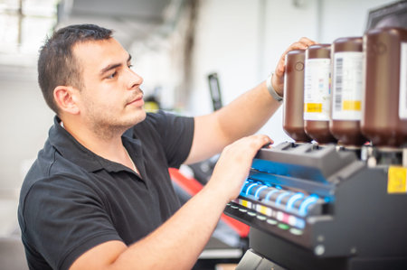 In the printing house, an experienced technician works on a UV printer. Production work. Check the...